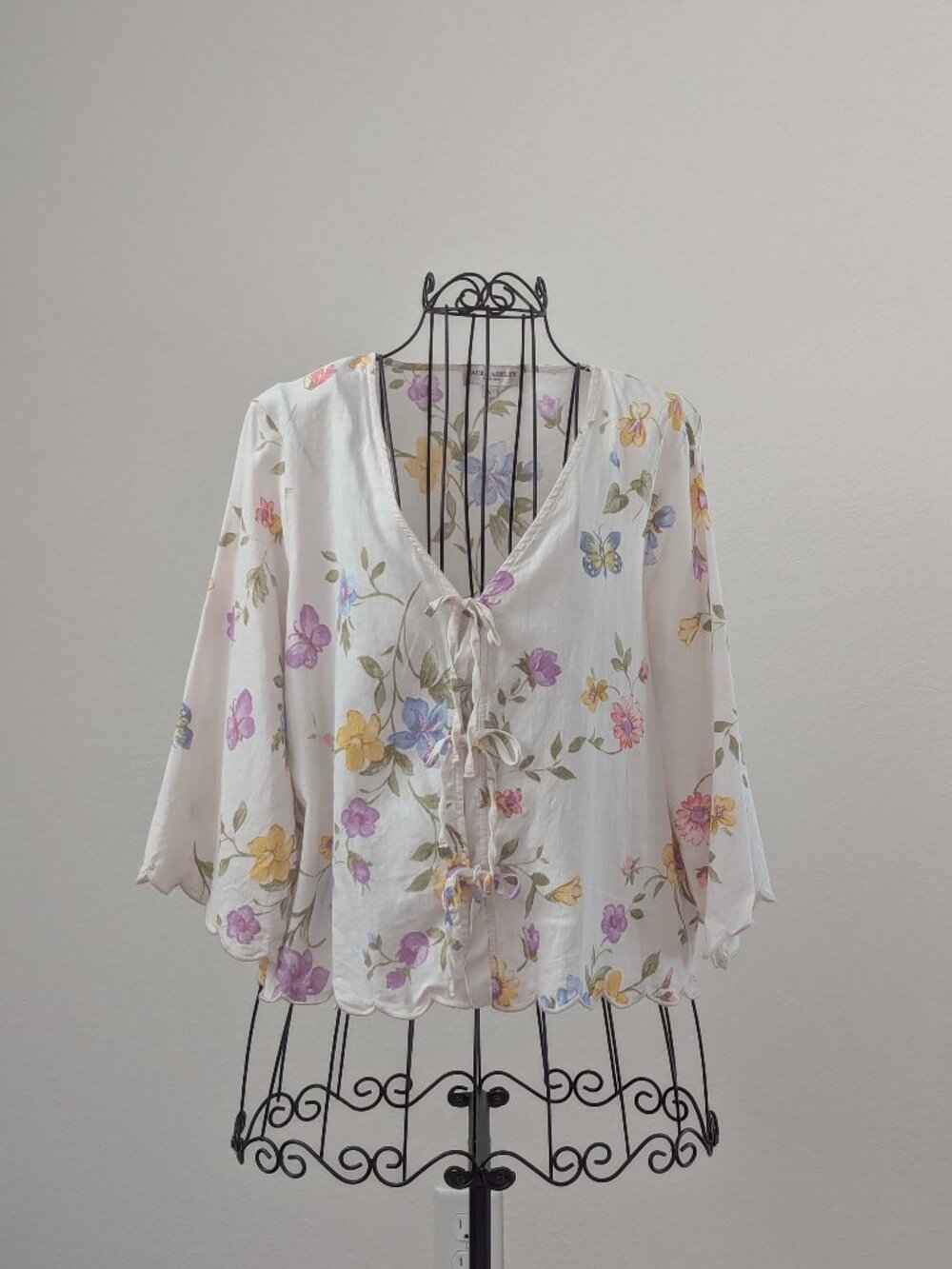 Laura Ashley Linen Blend Floral Tie Front Cottagecore Blouse L